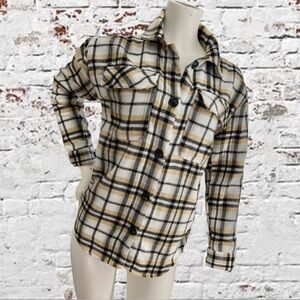 NO BOUNDARIES Black Tan White Plaid Shacket Long Sleeve Flannel Shirt Sz Sm 3-5